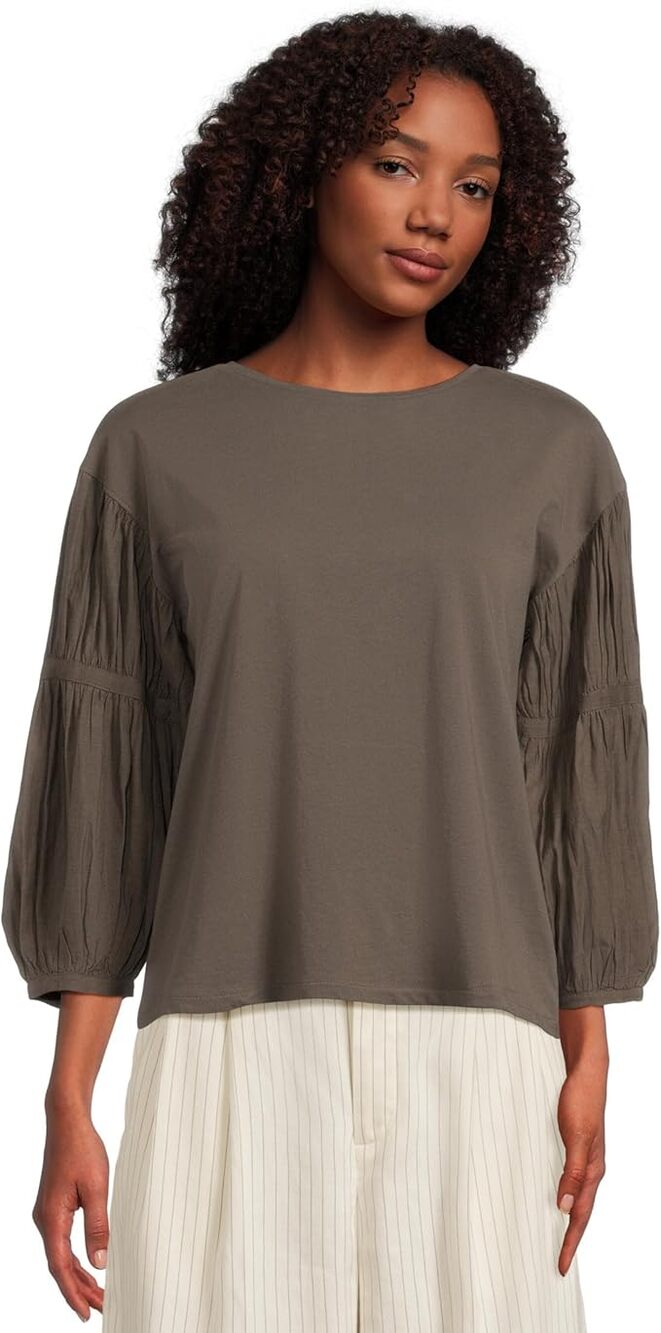 Madewell Femme Woven Mixy Top Womens L Grayish Brown Long Sleeve NU849 Crewneck